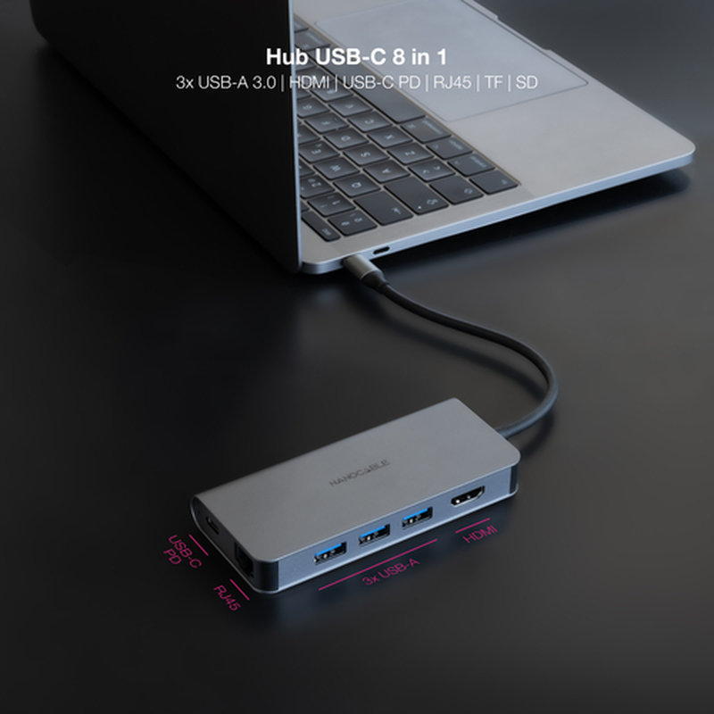Nanocable Hub USB-C 8 en 1, Conversor USB-C 3.1 a 3xUSB-A 3.0 + HDMI 4K@60Hz + USB-C PD + RJ45 1Gbps + TF + SD, Aluminio, Gris, 18 cm - Imagen 3