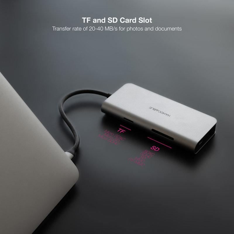 Nanocable Hub USB-C 8 en 1, Conversor USB-C 3.1 a 3xUSB-A 3.0 + HDMI 4K@60Hz + USB-C PD + RJ45 1Gbps + TF + SD, Aluminio, Gris, 18 cm - Imagen 4