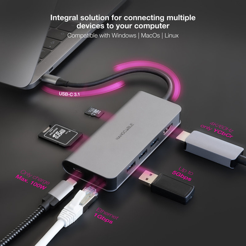 Nanocable Hub USB-C 8 en 1, Conversor USB-C 3.1 a 3xUSB-A 3.0 + HDMI 4K@60Hz + USB-C PD + RJ45 1Gbps + TF + SD, Aluminio, Gris, 18 cm - Imagen 5