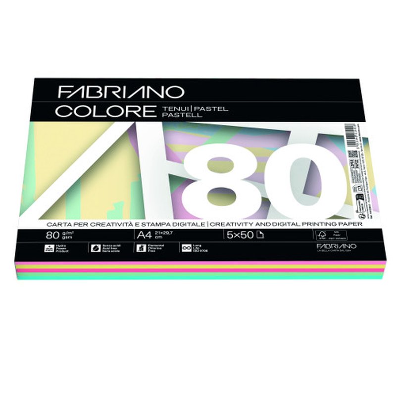 PAQUETE 250 HOJAS A4 80G COLORES SURTIDOS PASTEL (50 HOJAS X COLOR) FABRIANO F62521297 PAQUETE 250 HOJAS A4 80G COLORES SURTIDOS PASTEL (50 HOJAS X COLOR) FABRIANO F62521297