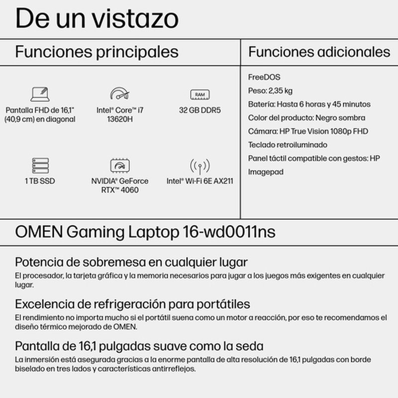 Reacondicionado | HP OMEN 16-wd0011ns Intel® Core™ i7 i7-13620H Portátil 40,9 cm (16.1") Full HD 32 GB DDR5-SDRAM 1 TB SSD NVIDIA GeForce RTX 4060 Wi-Fi 6E (802.11ax) FreeDOS Negro - Imagen 3