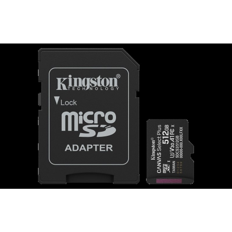 Kingston Technology 512GB microSDXC Canvas Select Plus Gen3 150MB/s A1 (Incluye adaptador de SD) Kingston Technology 512GB microSDXC Canvas Select Plus Gen3 150MB/s A1 (Incluye adaptador de SD)
