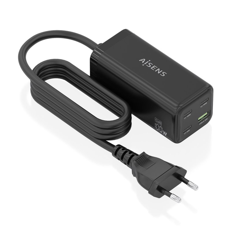 AISENS Cargador Sobremesa GaN 100W, 3x USB-C PD3.0 QC4.0 QC5.0, 1x USB-A QC3.0, Negro