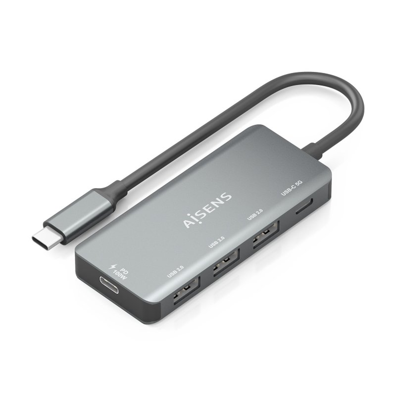 AISENS Hub USB 3.1 USB-C, USB-C/M-1xUSB-C PD 100W+1xUSB-C USB3.0/H+3xUSB-A USB2.0/H, Gris, 15cm