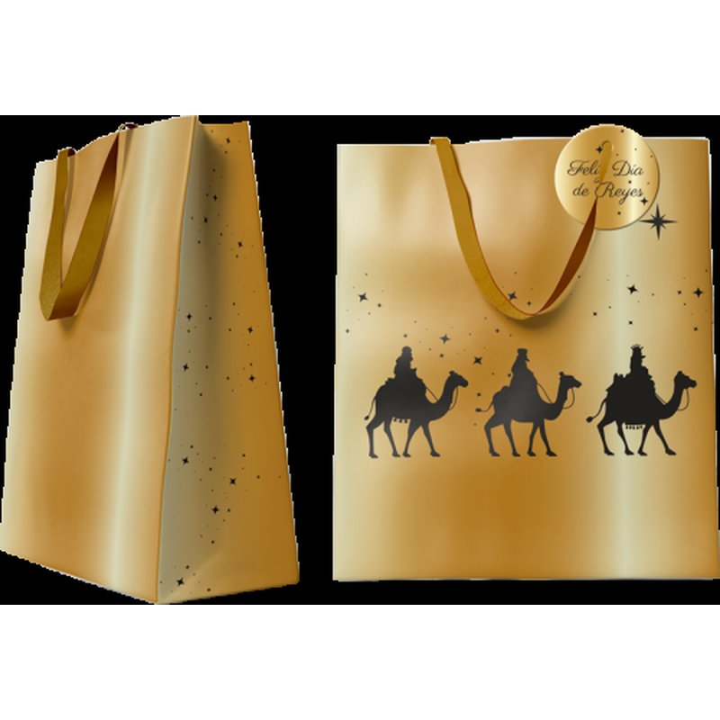 BOLSA DORADA PAPEL REYES MAGOS M (26x12x37 CM) CON TARJETA COLGANTE BISMARK 333672
