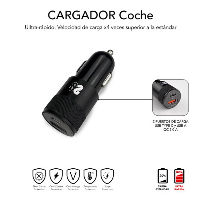CARGADOR USB SUBBLIM 20W 3A USB + USB-C BLACK PARA COCHE + CABLE USB-C / LIGHTNING - Imagen 3