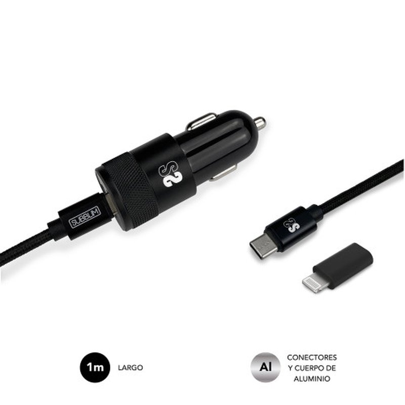 CARGADOR USB SUBBLIM 20W 3A USB + USB-C BLACK PARA COCHE + CABLE USB-C / LIGHTNING - Imagen 4