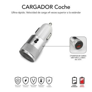 CARGADOR USB SUBBLIM 20W 3A USB + USB-C SILVER PARA COCHE + CABLE USB-C / LIGHTNING