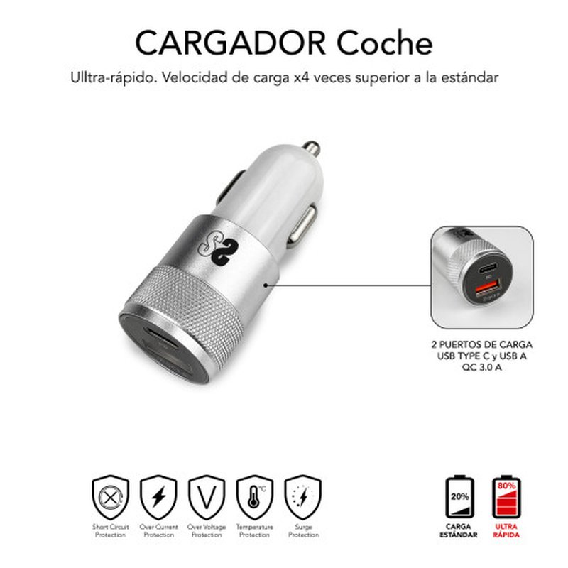 CARGADOR USB SUBBLIM 20W 3A USB + USB-C SILVER PARA COCHE + CABLE USB-C / LIGHTNING - Imagen 3
