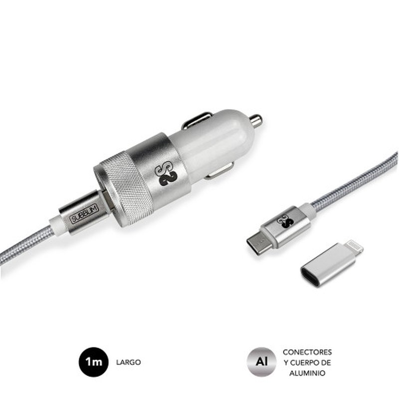 CARGADOR USB SUBBLIM 20W 3A USB + USB-C SILVER PARA COCHE + CABLE USB-C / LIGHTNING - Imagen 4