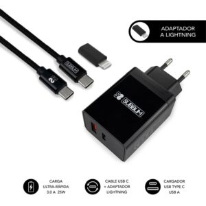 CARGADOR USB SUBBLIM 25W 3.1 A USB + USB-C BLACK PARA CASA + CABLE USB-C +ADAPTADOR USB-C A LIGHTNING