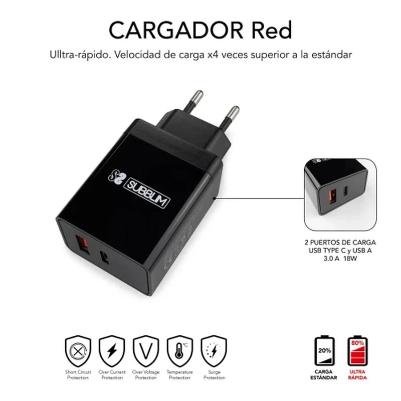 CARGADOR USB SUBBLIM 25W 3.1 A USB + USB-C BLACK PARA CASA + CABLE USB-C +ADAPTADOR USB-C A LIGHTNING CARGADOR USB SUBBLIM 25W 3.1 A USB + USB-C BLACK PARA CASA + CABLE USB-C +ADAPTADOR USB-C A LIGHTNING - Imagen 3