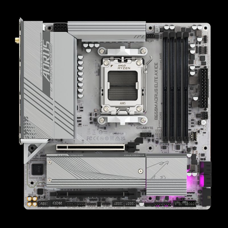 GIGABYTE B650M AORUS ELITE AX ICE Placa base - AMD Ryzen serie 9000, VRM de 12+2+2 fases, hasta 8000 MHz DDR5 (OC), 1xPCIe 5.0 + 1xPCIe 4.0 M.2, LAN 2,5 GbE, WIFI 6E, USB 3.2 Gen 2x2 - Imagen 2
