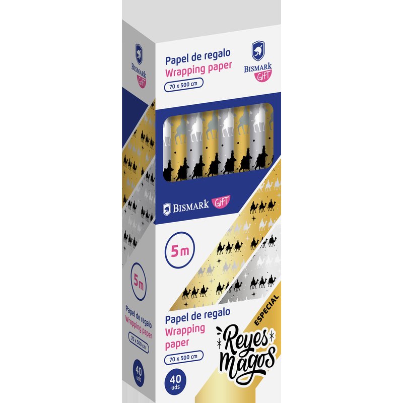 PAPEL DE REGALO ORO / PLATA METALIZADO REYES MAGOS 70X500 CM BSIMARK 333716 | PACK 40 UNIDADES - Imagen 4
