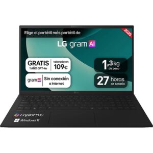 LG Gram 15Z80T-G.AS58B ordenador portatil Copilot+ PC AMD Ryzen AI 5 340 Portátil 38,1 cm (15") Full HD 16 GB LPDDR5-SDRAM 1 TB SSD Wi-Fi 6E (802.11ax) Windows 11 Home Español Negro