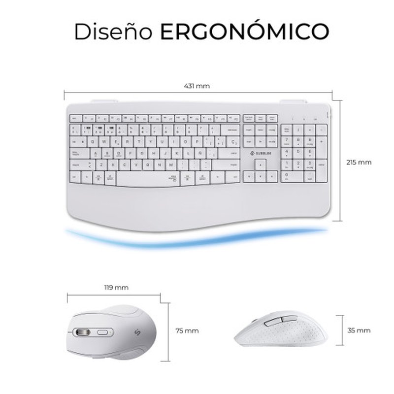 TECLADO + MOUSE SUBBLIM WIRELESS ERGO OFFICE PROWAVE DUAL WHITE - Imagen 4