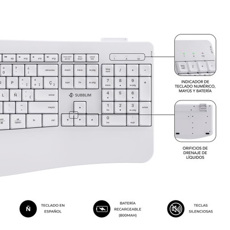 TECLADO + MOUSE SUBBLIM WIRELESS ERGO OFFICE PROWAVE DUAL WHITE - Imagen 5