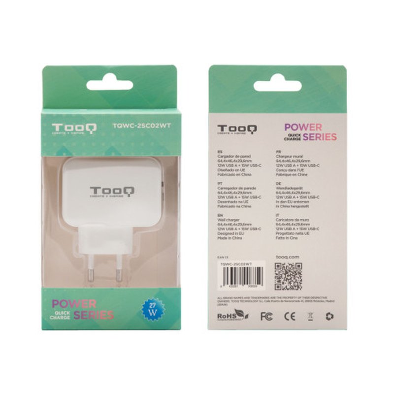 TooQ Cargador de Pared doble puerto USB-C + USB A, 27W TooQ Cargador de Pared doble puerto USB-C + USB A, 27W - Imagen 6