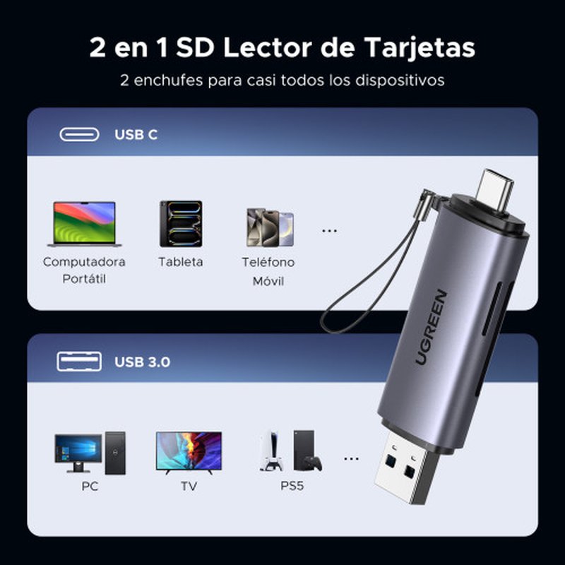 Ugreen 50706 lector de tarjeta USB/Micro-USB Plata Ugreen 50706 lector de tarjeta USB/Micro-USB Plata - Imagen 4