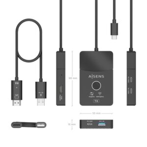AISENS Docking USB-C a HDMI 1080P@60Hz (Inalámbrico) 30M, 1xHDMI 4K60HZ (Cable) 2xUSB-C 1xUSB-A 1xUSB-C PD 100W, Negro