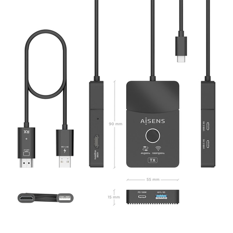 AISENS Docking USB-C a HDMI 1080P@60Hz (Inalámbrico) 30M, 1xHDMI 4K60HZ (Cable) 2xUSB-C 1xUSB-A 1xUSB-C PD 100W, Negro - Imagen 4