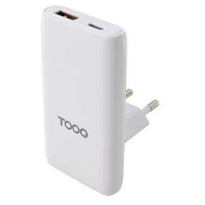 TooQ Cargador de viaje Tipo C y Tipo A, GaN 65W, USB-C/PD + USB-A/QC, Blanco