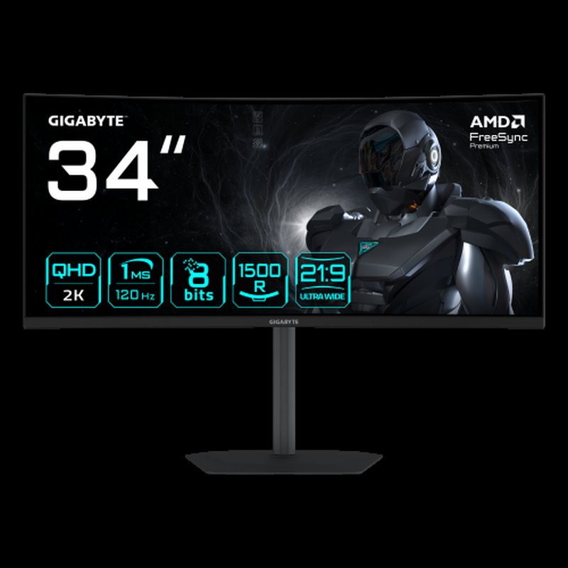 GIGABYTE GS34WQCA Monitor Gaming Curvo 34" WQHD – 3440 x 1440, 1500R, 120Hz, 1ms, 300 cd/m², FreeSync Premium, HDR Ready, HDMI 2.0, DisplayPort 1.4. GIGABYTE GS34WQCA Monitor Gaming Curvo 34" WQHD – 3440 x 1440, 1500R, 120Hz, 1ms, 300 cd/m², FreeSync Premium, HDR Ready, HDMI 2.0, DisplayPort 1.4.