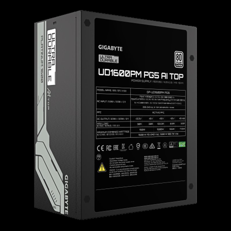 GIGABYTE UD1600PM PG5 AI TOP Fuente de Alimentación - PCIe 5.0, 80 PLUS Platinum, Diseño totalmente modular, Ventilador de 120 mm, Compatible con ATX 3.1, Enchufe EU - Imagen 4