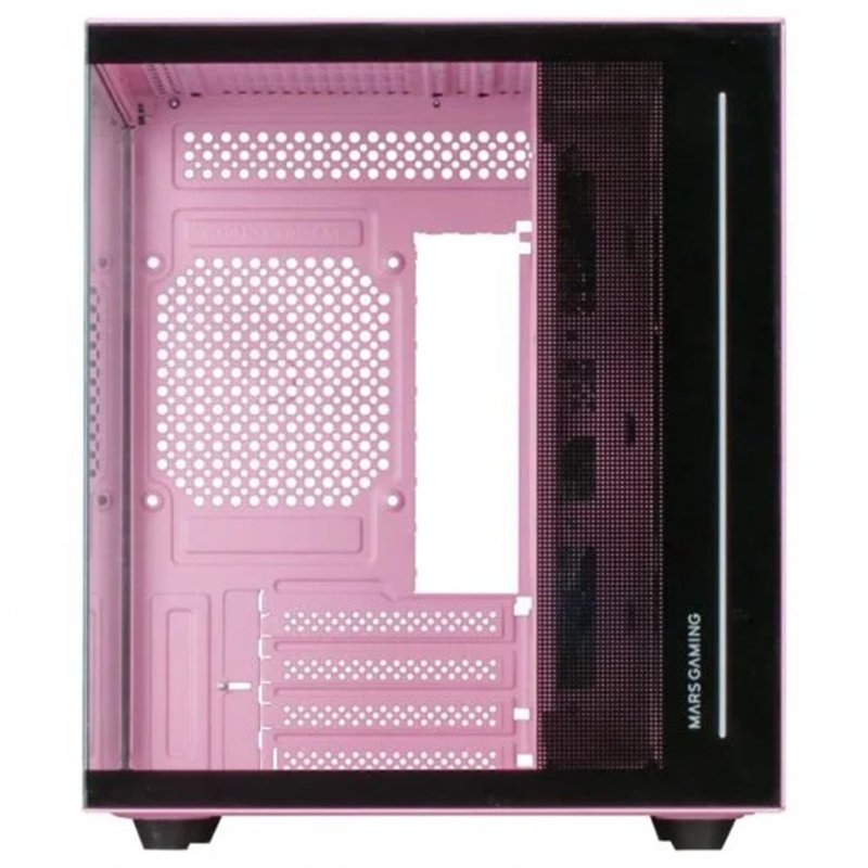 Mars Gaming MC-VIEW Rosa, Caja Minitorre Gaming Micro-ATX, Cristal Templado 90° Sin Marco, Estructura Modular Doble Cámara, Soporte Completo para Refrigeración Líquida