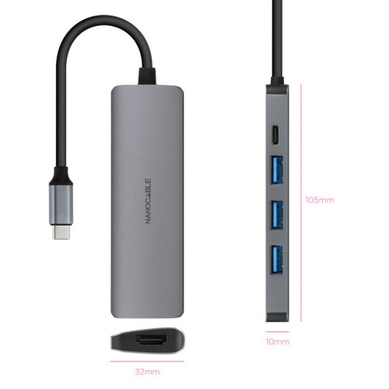 Nanocable Hub USB-C 5 en 1, Conversor USB-C 3.1 a 3xUSB-A 3.0 + USB-C PD + HDMI, Aluminio, Gris, 18 cm Nanocable Hub USB-C 5 en 1, Conversor USB-C 3.1 a 3xUSB-A 3.0 + USB-C PD + HDMI, Aluminio, Gris, 18 cm - Imagen 2