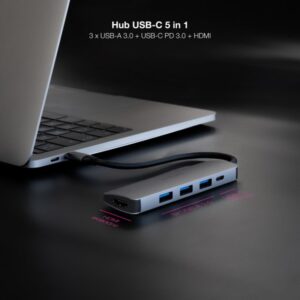 Nanocable Hub USB-C 5 en 1, Conversor USB-C 3.1 a 3xUSB-A 3.0 + USB-C PD + HDMI, Aluminio, Gris, 18 cm Nanocable Hub USB-C 5 en 1, Conversor USB-C 3.1 a 3xUSB-A 3.0 + USB-C PD + HDMI, Aluminio, Gris, 18 cm
