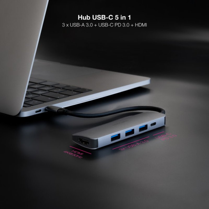 Nanocable Hub USB-C 5 en 1, Conversor USB-C 3.1 a 3xUSB-A 3.0 + USB-C PD + HDMI, Aluminio, Gris, 18 cm Nanocable Hub USB-C 5 en 1, Conversor USB-C 3.1 a 3xUSB-A 3.0 + USB-C PD + HDMI, Aluminio, Gris, 18 cm - Imagen 3