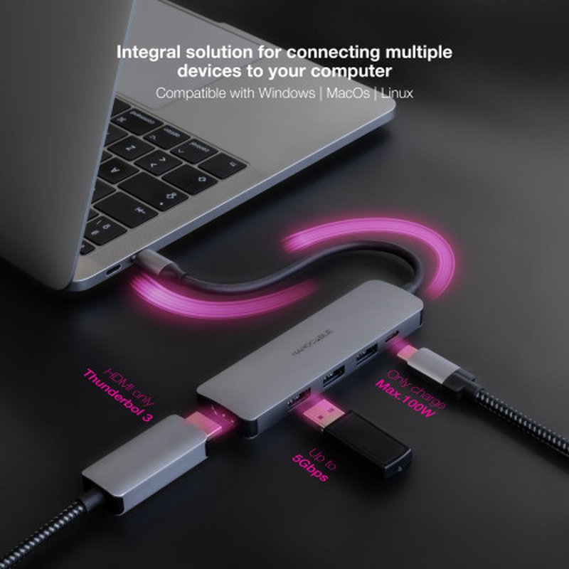 Nanocable Hub USB-C 5 en 1, Conversor USB-C 3.1 a 3xUSB-A 3.0 + USB-C PD + HDMI, Aluminio, Gris, 18 cm Nanocable Hub USB-C 5 en 1, Conversor USB-C 3.1 a 3xUSB-A 3.0 + USB-C PD + HDMI, Aluminio, Gris, 18 cm - Imagen 4