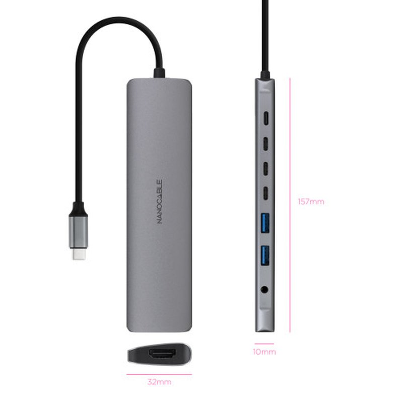 Nanocable Hub USB-C 8 en 1, Conversor USB-C 3.1 a 2xUSB-A 3.0 + 3xUSB-C 3.0 + USB-C PD + HDMI 4K@60Hz + Audio Jack 3.5, Aluminio, Gris, 18 cm Nanocable Hub USB-C 8 en 1, Conversor USB-C 3.1 a 2xUSB-A 3.0 + 3xUSB-C 3.0 + USB-C PD + HDMI 4K@60Hz + Audio Jack 3.5, Aluminio, Gris, 18 cm - Imagen 2