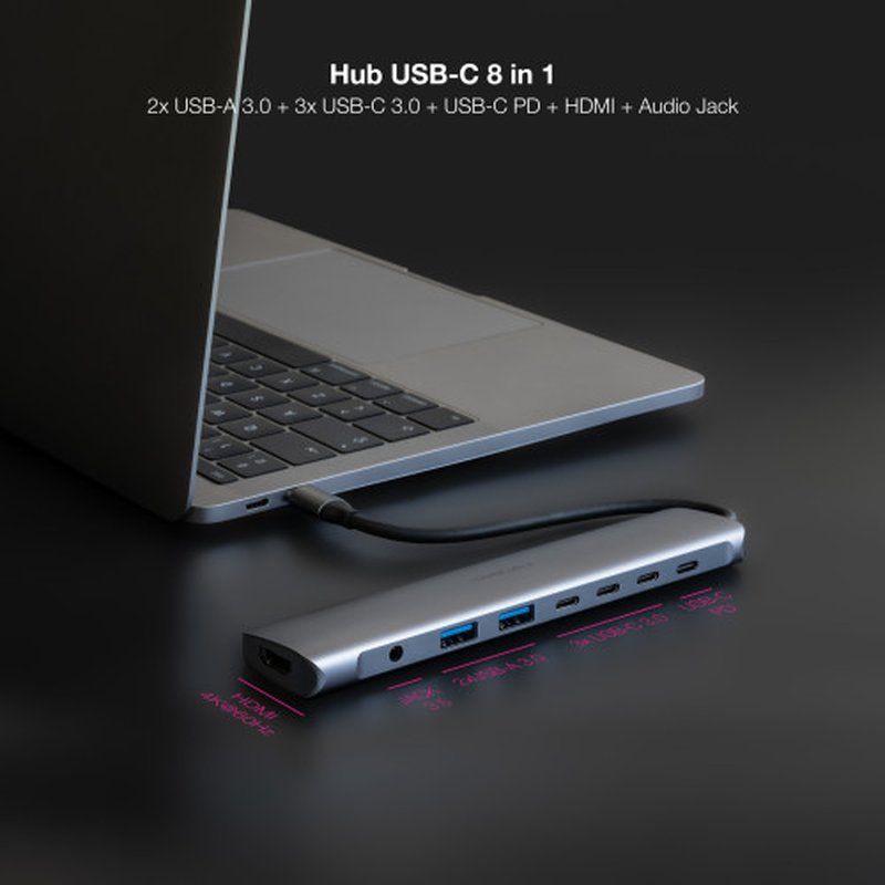Nanocable Hub USB-C 8 en 1, Conversor USB-C 3.1 a 2xUSB-A 3.0 + 3xUSB-C 3.0 + USB-C PD + HDMI 4K@60Hz + Audio Jack 3.5, Aluminio, Gris, 18 cm Nanocable Hub USB-C 8 en 1, Conversor USB-C 3.1 a 2xUSB-A 3.0 + 3xUSB-C 3.0 + USB-C PD + HDMI 4K@60Hz + Audio Jack 3.5, Aluminio, Gris, 18 cm - Imagen 3