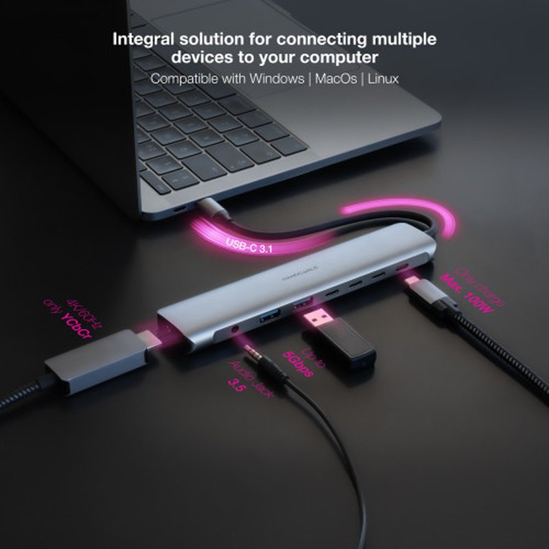 Nanocable Hub USB-C 8 en 1, Conversor USB-C 3.1 a 2xUSB-A 3.0 + 3xUSB-C 3.0 + USB-C PD + HDMI 4K@60Hz + Audio Jack 3.5, Aluminio, Gris, 18 cm Nanocable Hub USB-C 8 en 1, Conversor USB-C 3.1 a 2xUSB-A 3.0 + 3xUSB-C 3.0 + USB-C PD + HDMI 4K@60Hz + Audio Jack 3.5, Aluminio, Gris, 18 cm - Imagen 4