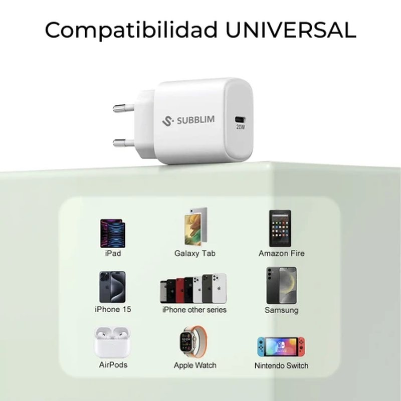 SUBBLIM Cargador USB-C GaN 20W , Power Delivery 3.0 & PPS, Enchufe Rápido para iPhone 16-12, iPad, Galaxy S24-S20, Pixel 9-6, Xiaomi, Ultraportátil, Seguro y Certificado - Imagen 2