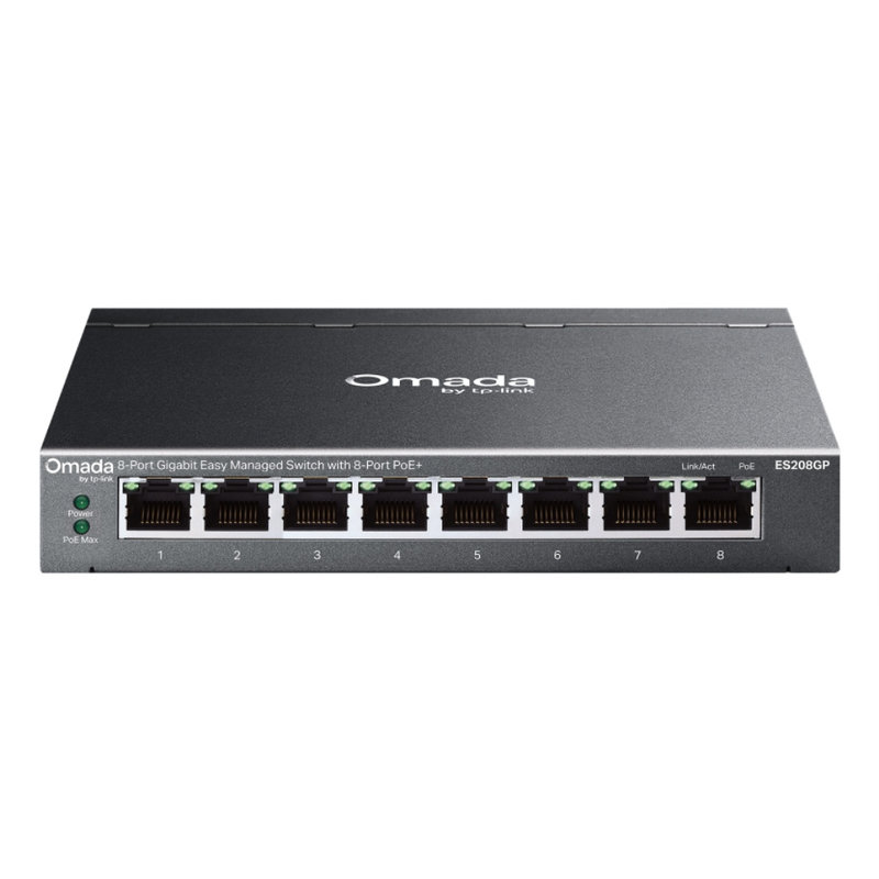TP-Link Omada ES208GP switch Gestionado L2 Gigabit Ethernet (10/100/1000) Energía sobre Ethernet (PoE) DIN rail Negro