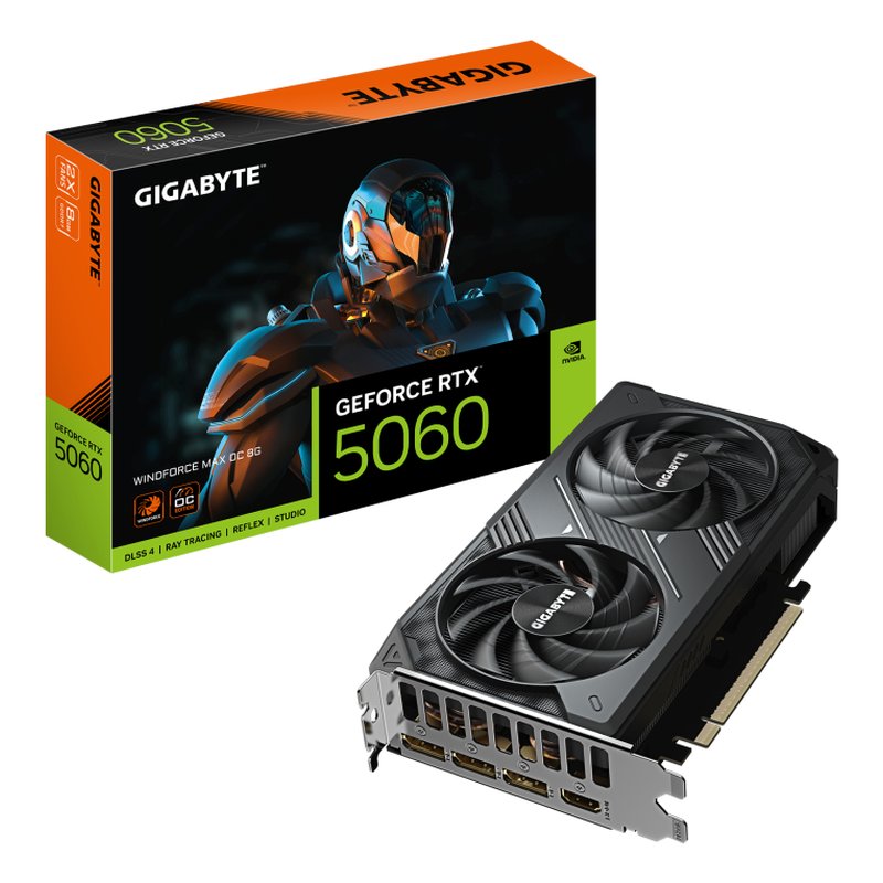 GIGABYTE GeForce RTX 5060 WINDFORCE MAX OC 8G Tarjeta Gráfica – 8 GB GDDR7, 128 bits, PCI-E 5.0, 2512 MHz Frecuencia del núcleo, 3 x DisplayPort, 1 x HDMI, NVIDIA DLSS 4, GV-N5060WF2MAX OC-8GD GIGABYTE GeForce RTX 5060 WINDFORCE MAX OC 8G Tarjeta Gráfica – 8 GB GDDR7, 128 bits, PCI-E 5.0, 2512 MHz Frecuencia del núcleo, 3 x DisplayPort, 1 x HDMI, NVIDIA DLSS 4, GV-N5060WF2MAX OC-8GD