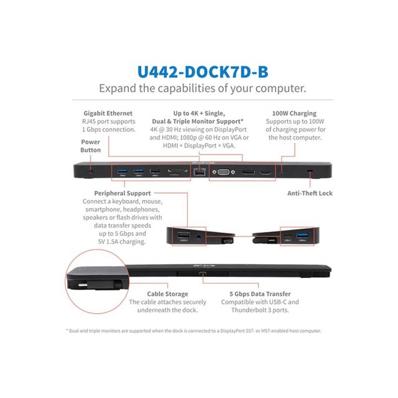Tripp Lite U442-DOCK7D-B Estación de Conexión USB C, Pantalla Triple - 4K HDMI y DP, VGA, USB 3.2 Gen 1, Hub USB A y USB C, GbE, Carga PD de 100W, Negro - Imagen 7