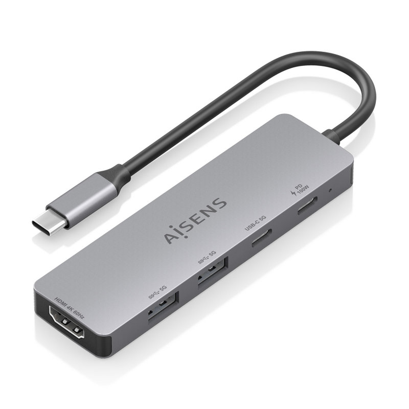 AISENS - USB-C DOCK 5 EN 1, USB-C A 1xHDMI 2xUSB-A 1xUSB-C 1xUSB-C PD, GRIS, 15CM