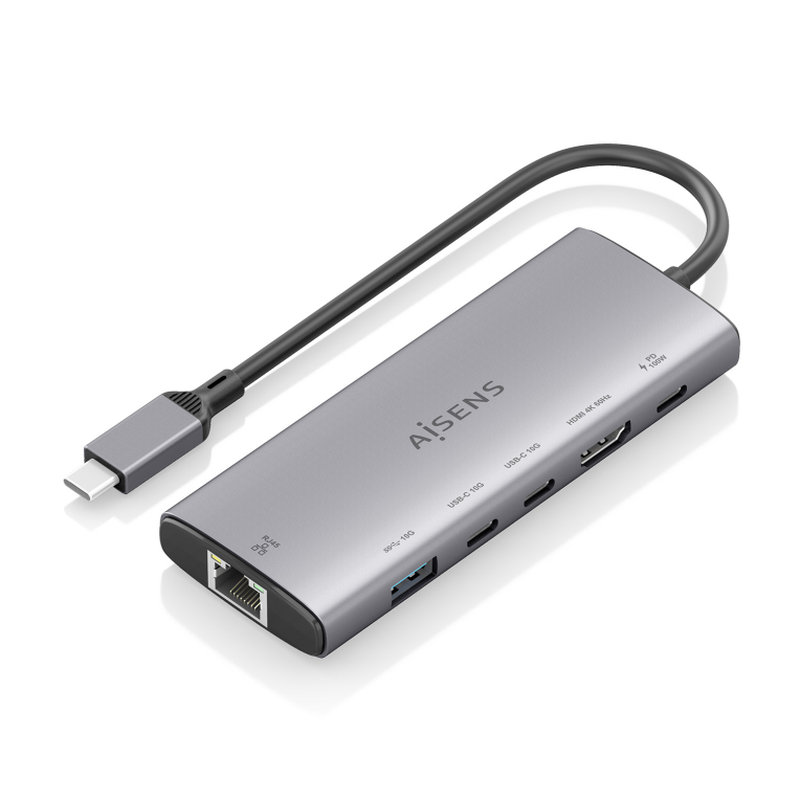 AISENS USB-C Dock 6 en 1, USB-C a 1xHDMI, 1xRJ45, 1xUSB-A 10G, 2xUSB-C 10G, 1xUSB-C PD, Gris, 20cm AISENS USB-C Dock 6 en 1, USB-C a 1xHDMI, 1xRJ45, 1xUSB-A 10G, 2xUSB-C 10G, 1xUSB-C PD, Gris, 20cm