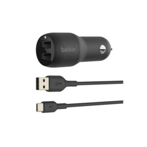 Belkin Dual Charger - Adaptador de corriente para el coche - 24 vatios - 4.8 A - 2 conectores de salida (USB) - en el cable: USB-C - negro