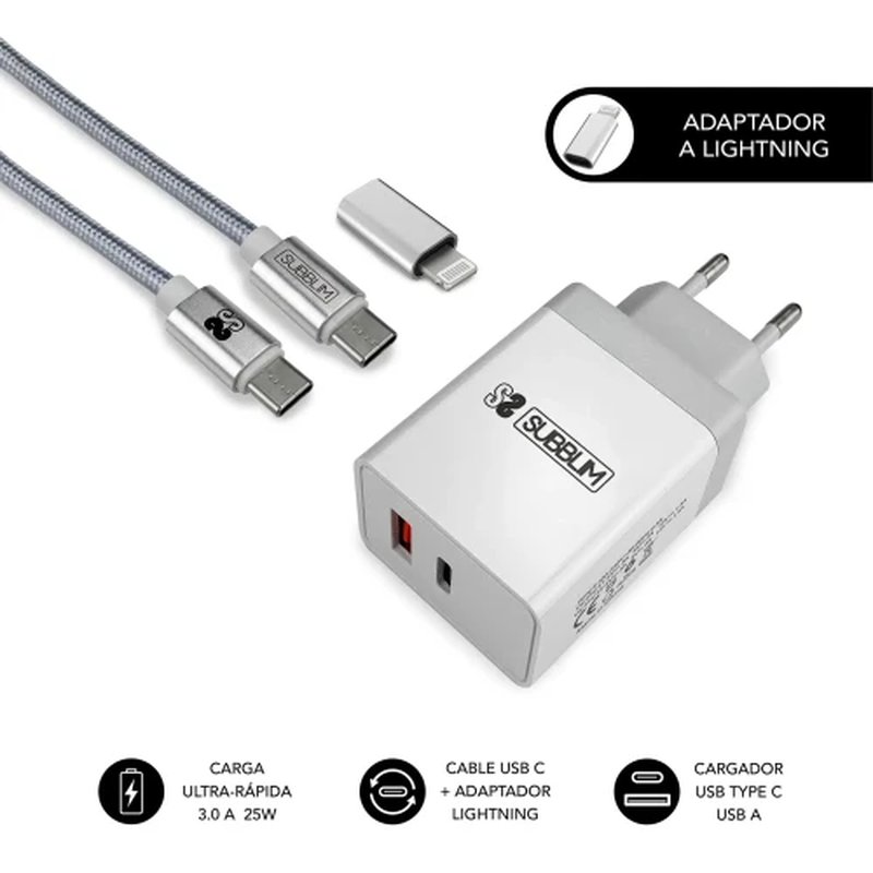 CARGADOR USB SUBBLIM 25W 3.1 A USB + USB-C WHITE PARA CASA + CABLE USB-C +ADAPTADOR USB-C A LIGHTNING CARGADOR USB SUBBLIM 25W 3.1 A USB + USB-C WHITE PARA CASA + CABLE USB-C +ADAPTADOR USB-C A LIGHTNING