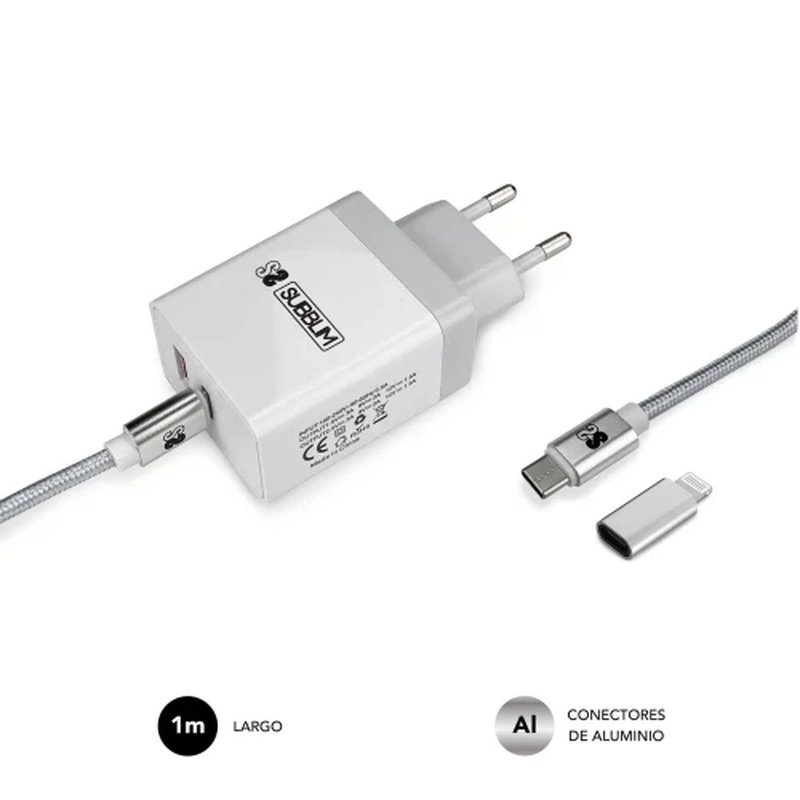 CARGADOR USB SUBBLIM 25W 3.1 A USB + USB-C WHITE PARA CASA + CABLE USB-C +ADAPTADOR USB-C A LIGHTNING CARGADOR USB SUBBLIM 25W 3.1 A USB + USB-C WHITE PARA CASA + CABLE USB-C +ADAPTADOR USB-C A LIGHTNING - Imagen 4