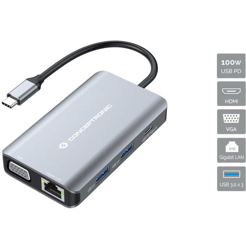 Conceptronic DONN21G base para portátil y replicador de puertos Alámbrico USB 3.2 Gen 1 (3.1 Gen 1) Type-C Gris Conceptronic DONN21G base para portátil y replicador de puertos Alámbrico USB 3.2 Gen 1 (3.1 Gen 1) Type-C Gris