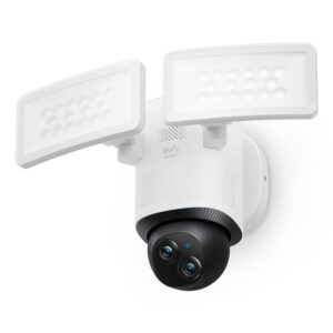 Eufy Security Floodlight Camera E340 con cable, giro de 360° e inclinación, grabación ininterrumpida, Wi-Fi de doble banda, 2000 lúmenes, activada por movimiento, cámara doble, compatible con HomeBase 3, almacenamiento local, sin cuota mensual