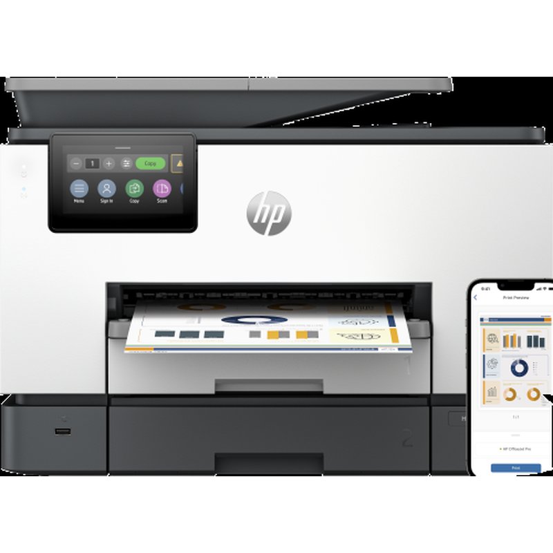 HP OfficeJet Pro Impresora multifunción 9130b, Color, Impresora para Pequeñas y medianas empresas, Imprima, copie, escanee y envíe por fax, Conexión inalámbrica; Impresión desde móvil o tablet; Alimentador automático de documentos; Impresión a doble cara; Escaneado a doble cara; Escanear a correo electrónico; Escanear a PDF; Fax; Puerto frontal de unidad flash USB; Pantalla táctil - Imagen 2