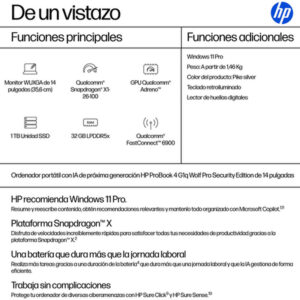 HP ProBook 4 G1q 14 inch Notebook Next Gen AI PC Wolf Pro Security Edition Copilot+ PC Qualcomm Snapdragon X1-26-100 35,6 cm (14") WUXGA 32 GB LPDDR5x-SDRAM Wi-Fi 6E (802.11ax) Windows 11 Pro