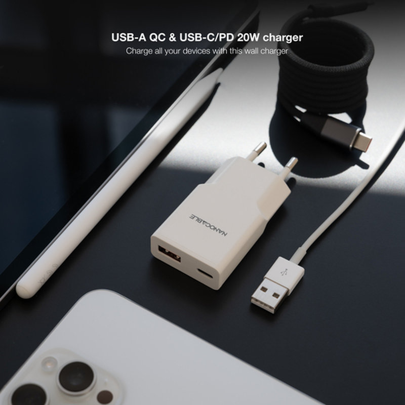 Nanocable Cargador USB-C/PD 20W + USB-A/QC 20W, Blanco Nanocable Cargador USB-C/PD 20W + USB-A/QC 20W, Blanco - Imagen 3